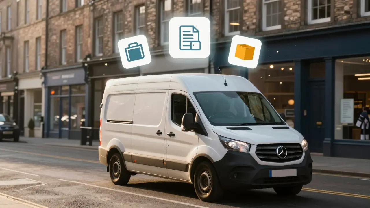 Delivery van in Edinburgh with floating icons showing diversified services like grocery and document delivery.