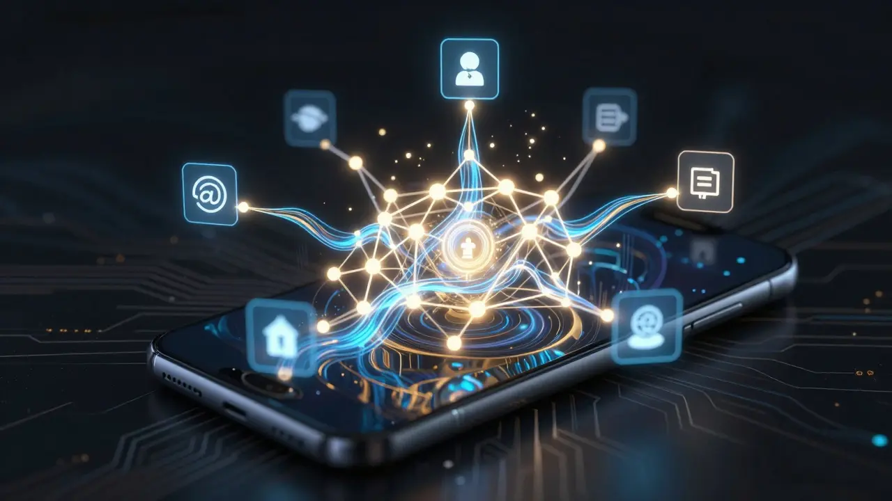 Digital neural network inside a phone, connecting financial, identity, and commerce services with glowing light paths.