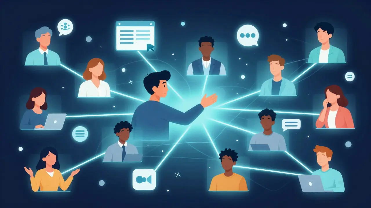 Diverse online learners connected by glowing threads in a virtual learning space.