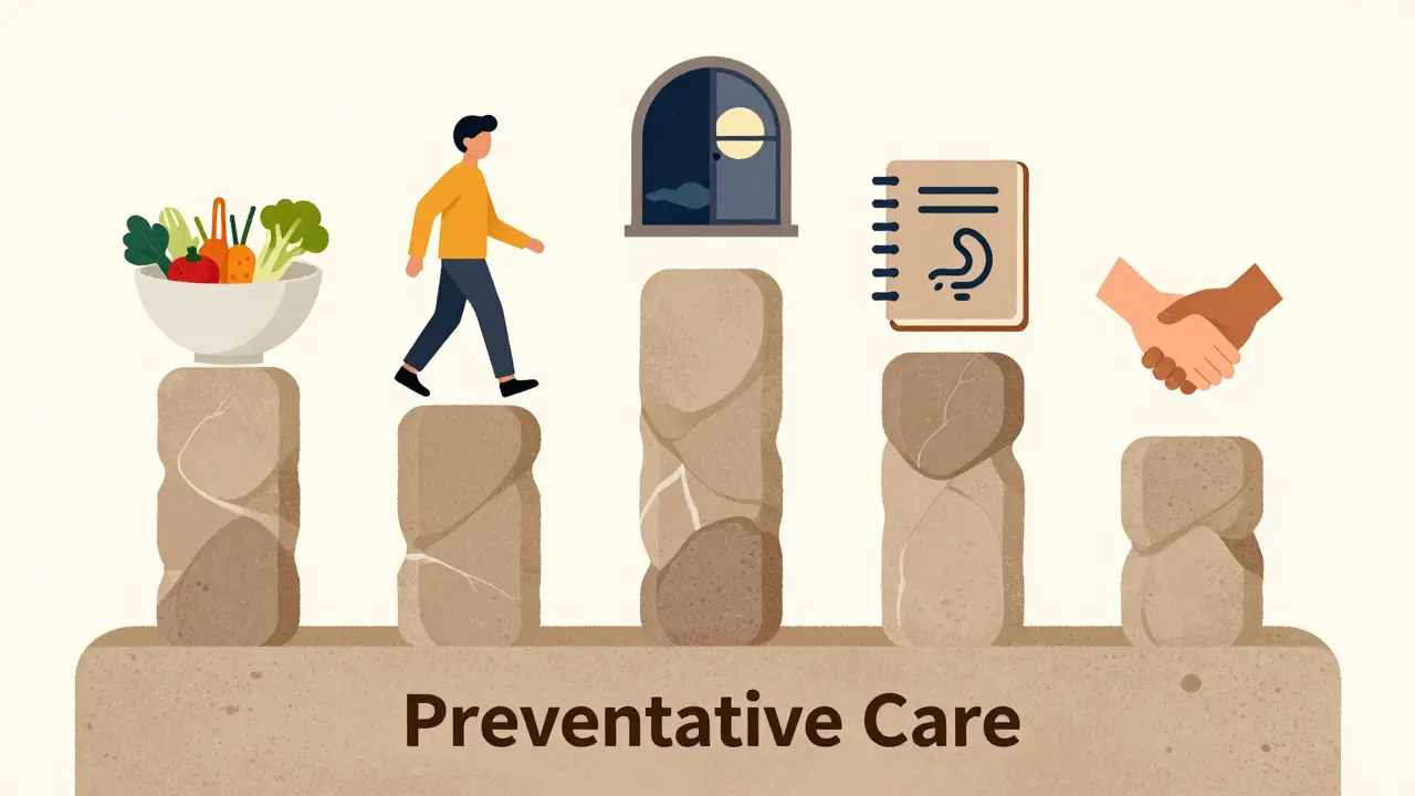 Five stone pillars representing nutrition, movement, sleep, mental health, and social connection.