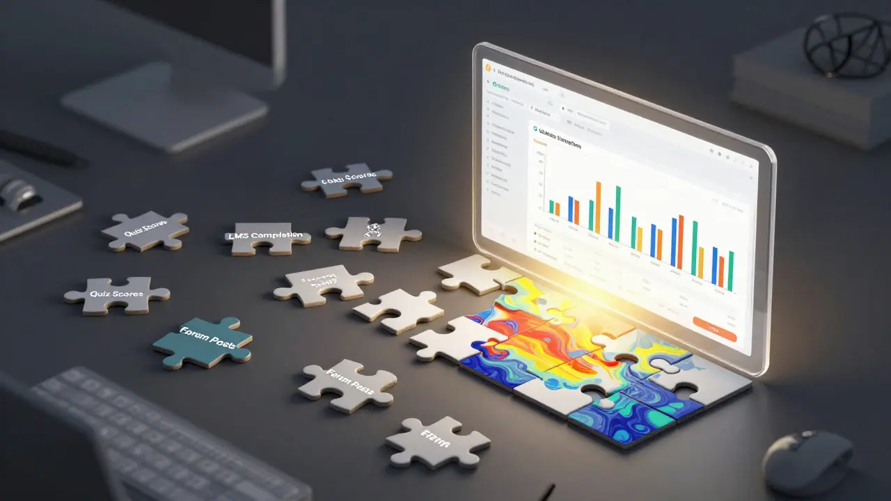 Fragmented learning data puzzle pieces assembling into a clear performance dashboard.