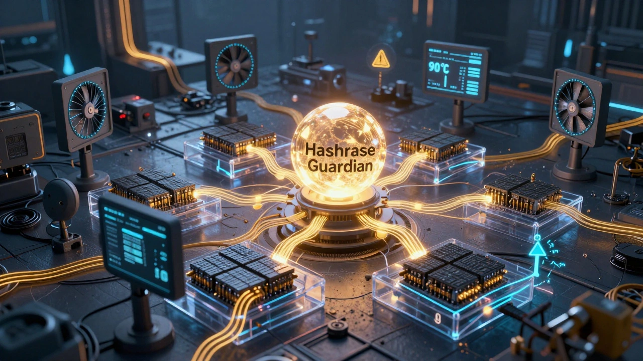 Futuristic mining farm with AI monitoring system connecting ASIC units via glowing energy networks.