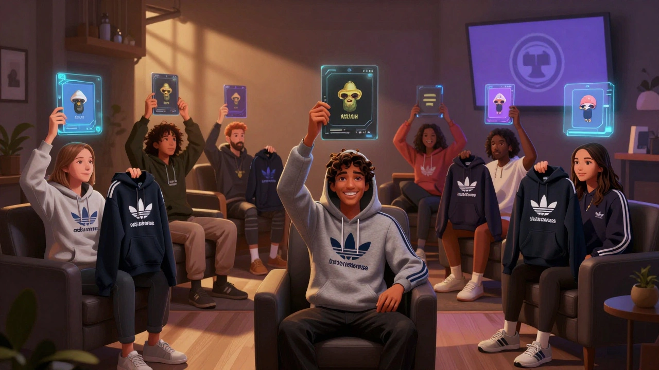 Group of people in hoodies enjoying a community lounge with floating digital NFTs.