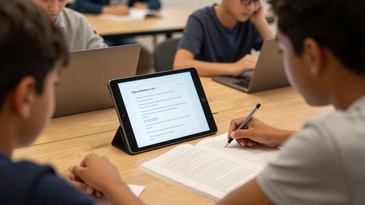 Learners using text-to-speech and following text on screen in a calm study environment.