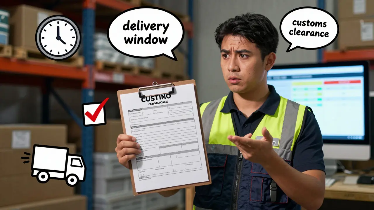 Logistics coordinator in Mexico understanding customs forms with key phrases floating as icons around them.