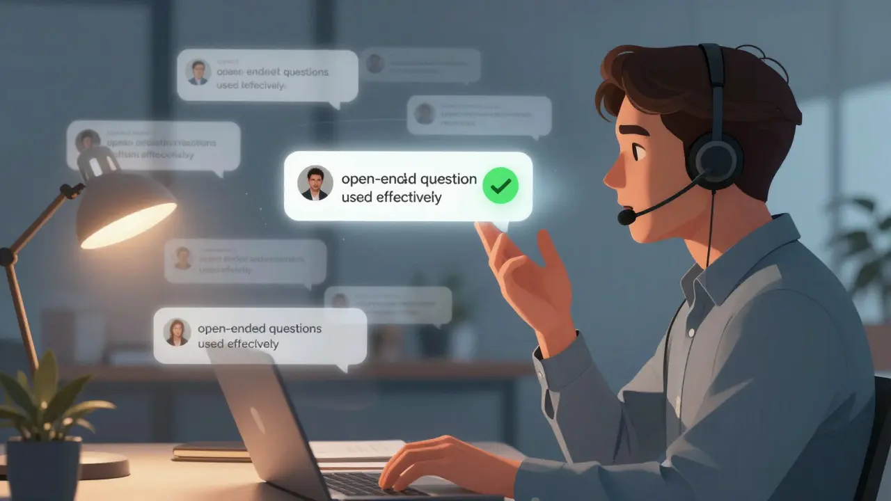 Manager giving live feedback to sales rep via headset, with floating call transcript clips around them.
