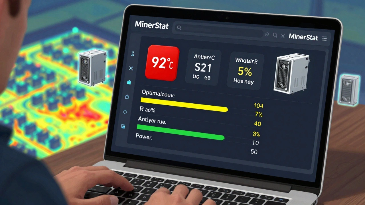 Minerstat dashboard showing temperature, hash rate, and power alerts on a laptop screen.