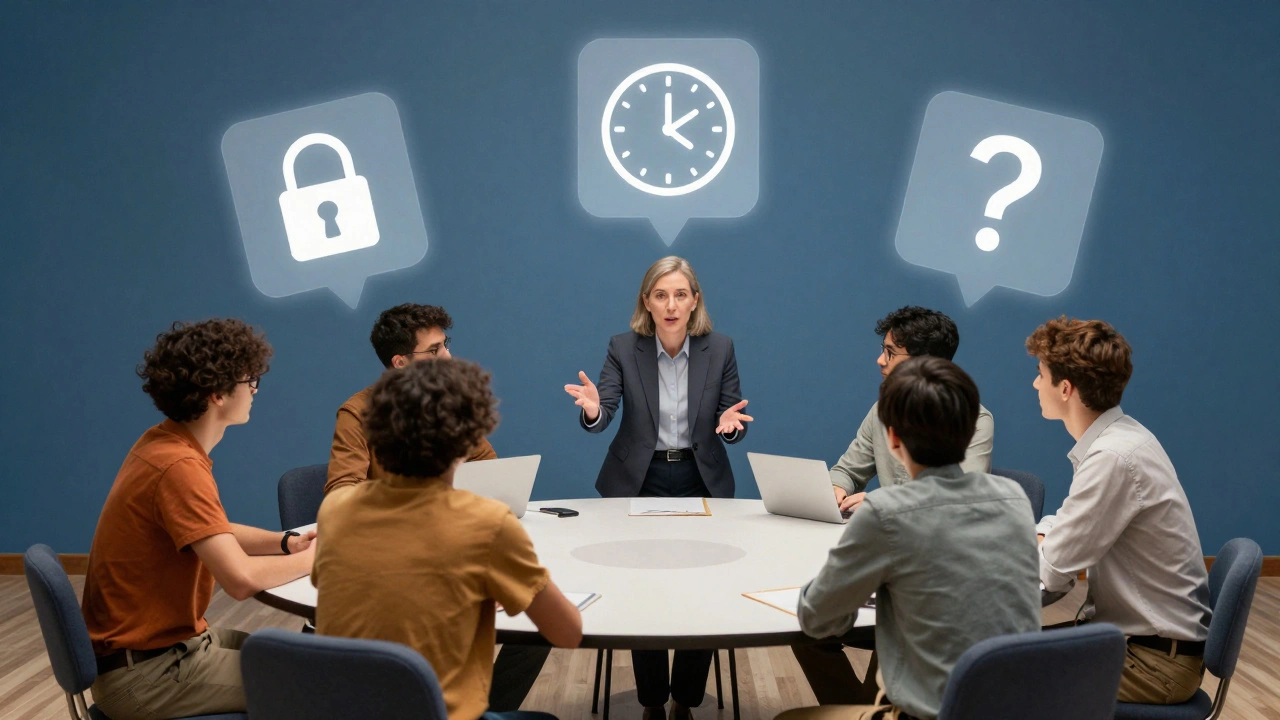 Peer mentors guiding small student groups while a professor rotates between them in a collaborative learning space.