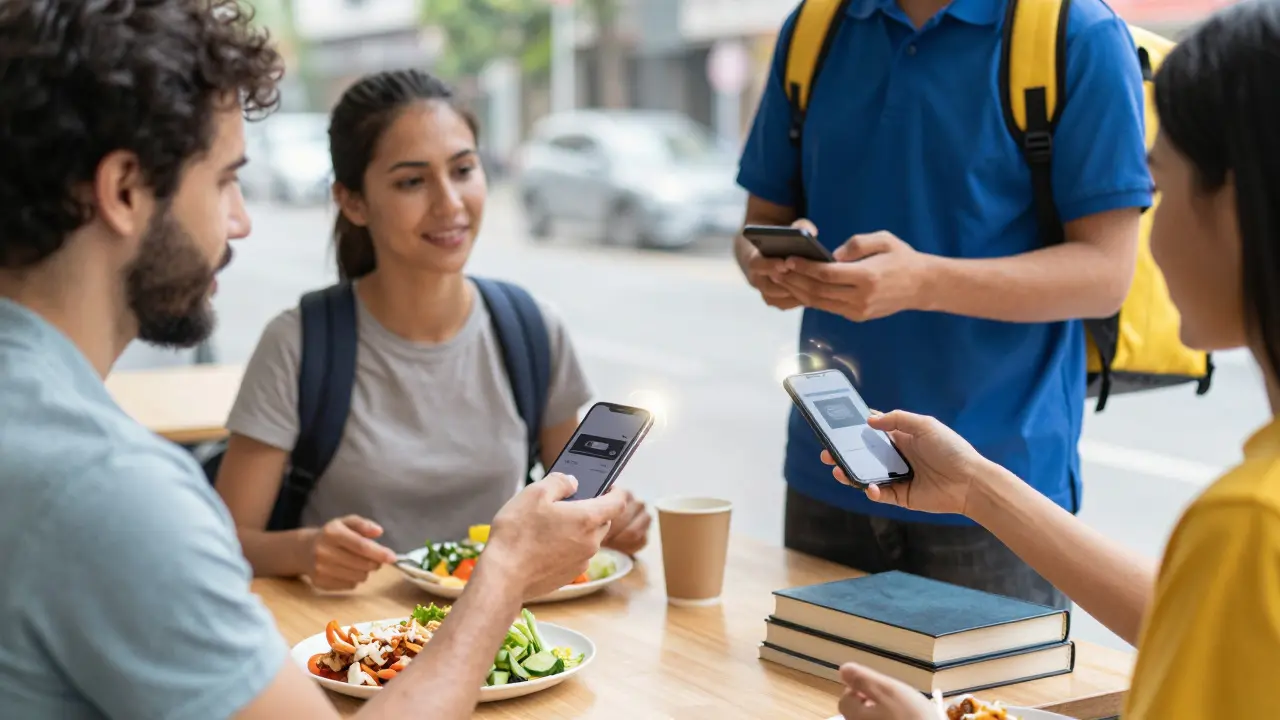 People casually using crypto to pay for everyday items, with old complex interfaces fading away in the background.