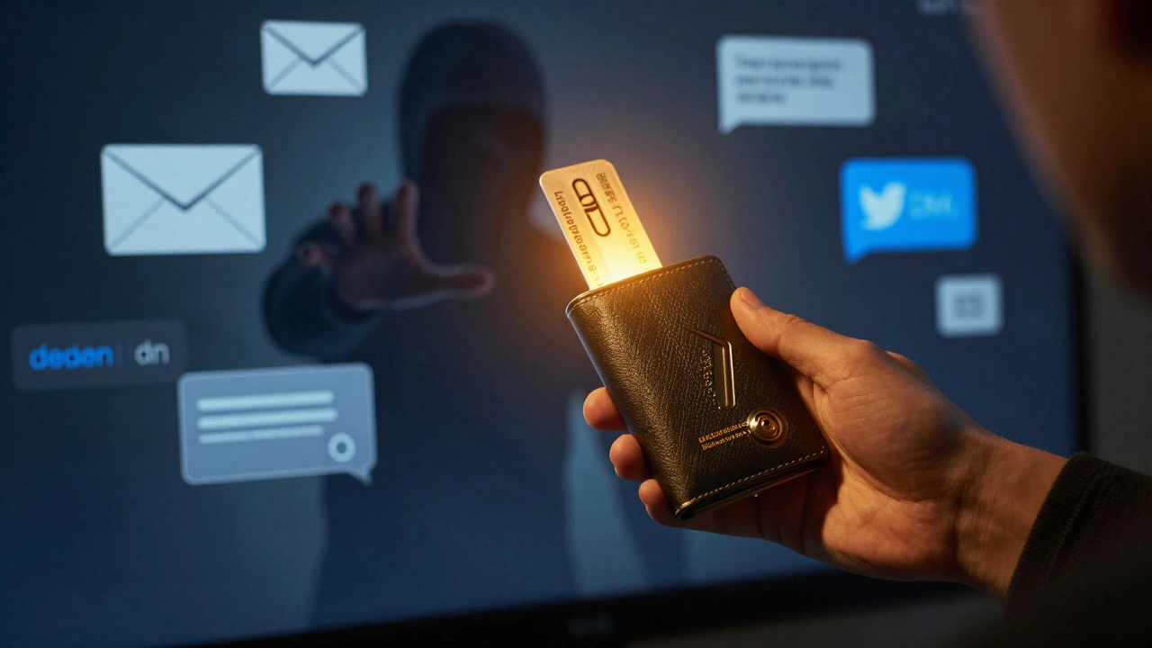 Person securing a hardware wallet in a safe while digital scams reach from the shadows.