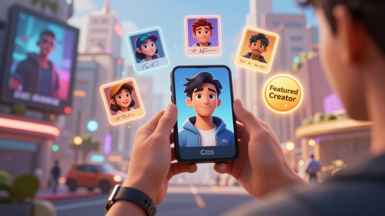 Player holding a customized avatar with creator badges in a vibrant metaverse city.