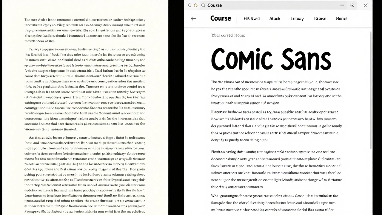 Side-by-side comparison of cluttered vs. dyslexia-friendly course text layouts.