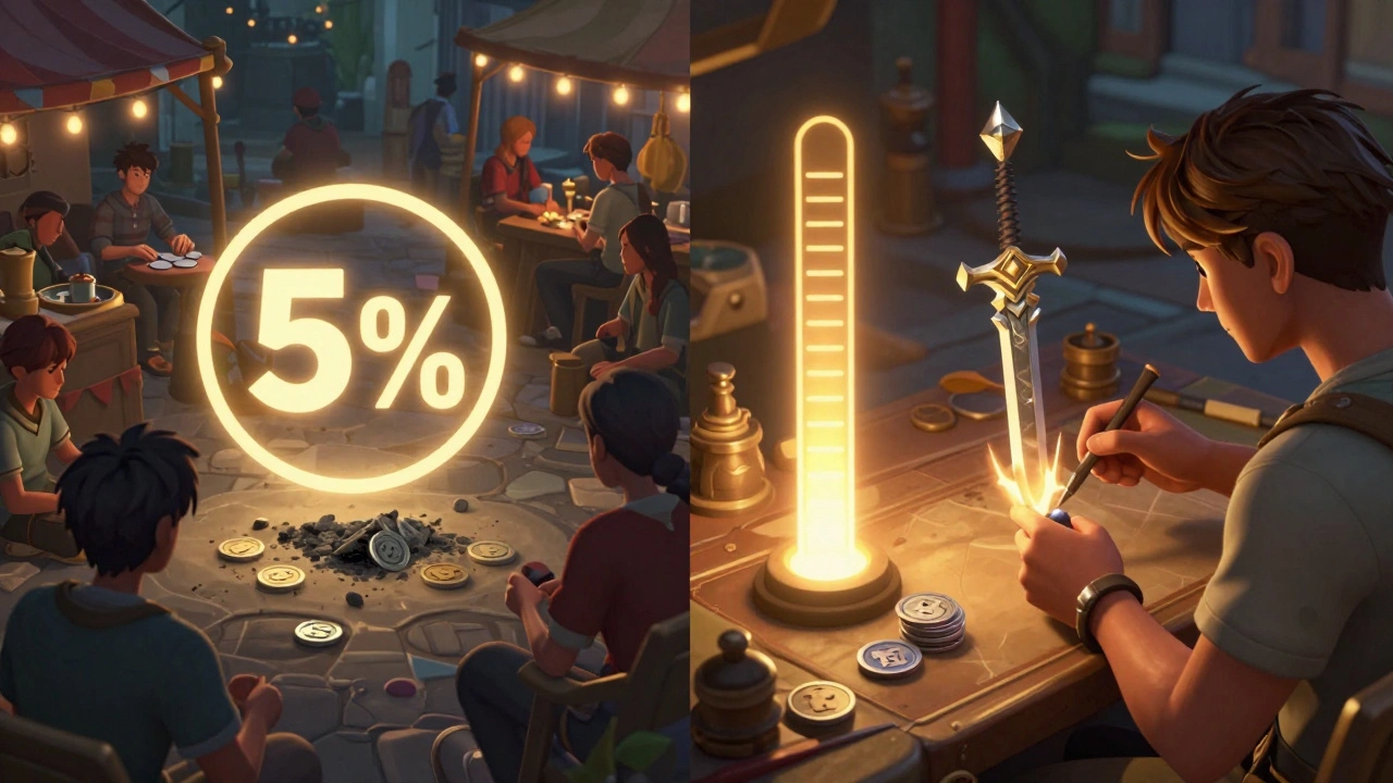 Split scene of token taxation and crafting rare items in a balanced virtual economy.