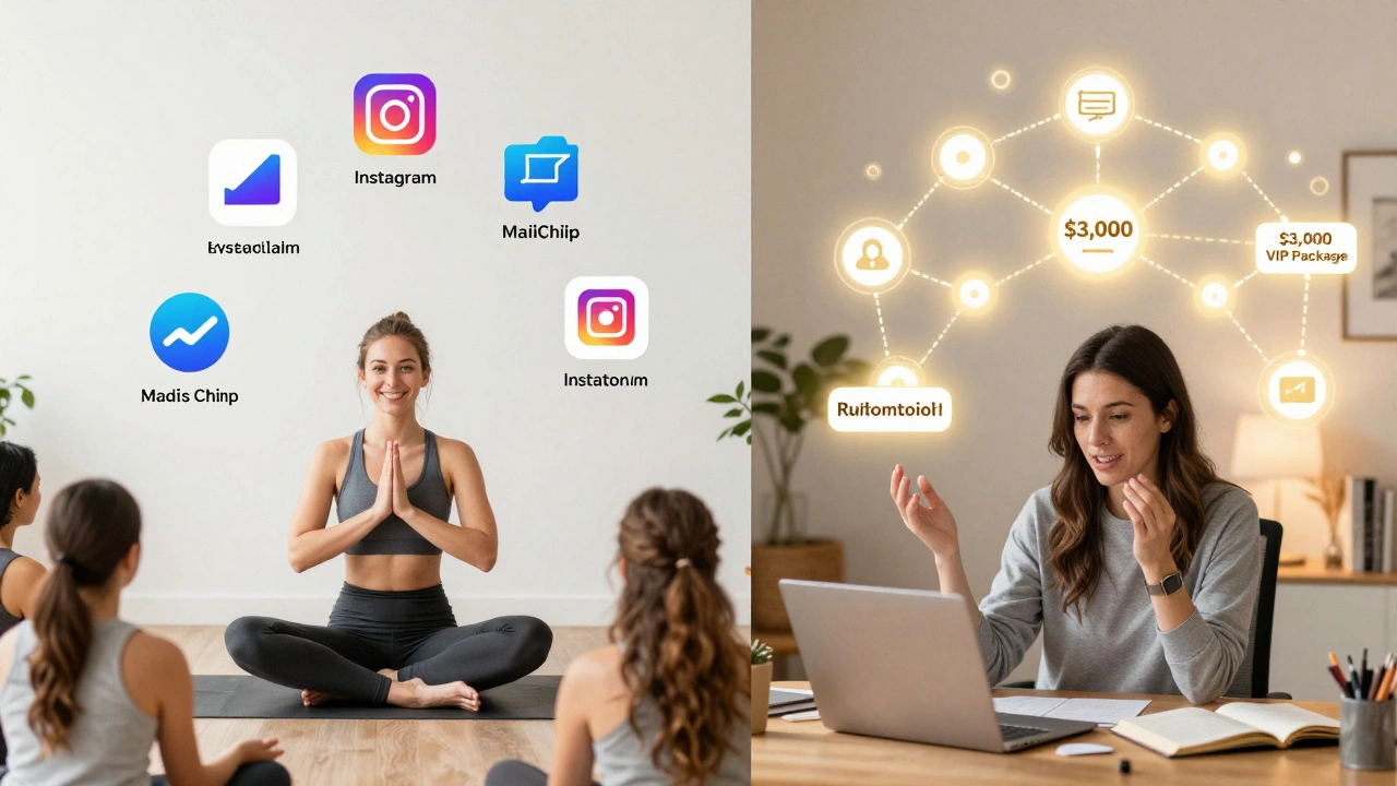 Split scene: one side shows a yoga instructor&#039;s small course launch, the other a coach&#039;s high-ticket automation system.