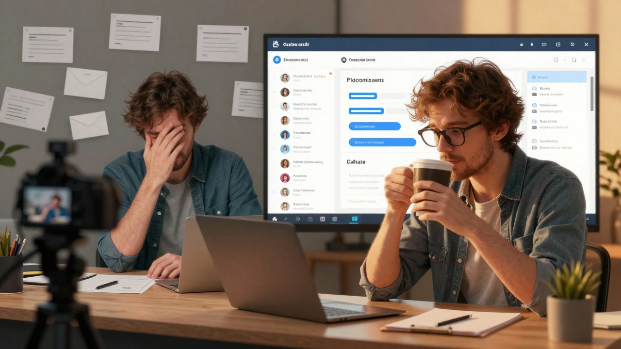Split scene: overwhelmed educator vs. automated system with glowing metrics.