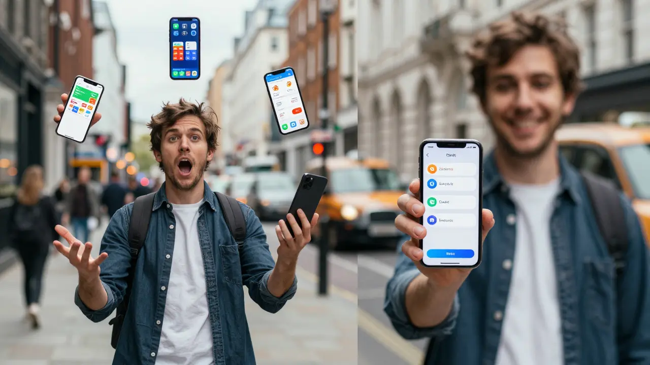 Split-screen comparison: chaos of multiple apps vs. seamless single superapp use in a city environment.