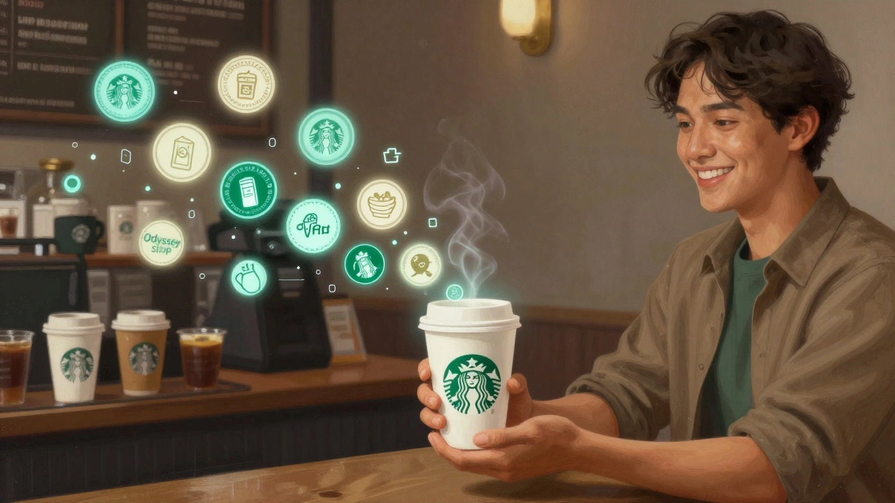 Starbucks customer receiving a digital stamp that transforms into exclusive rewards.