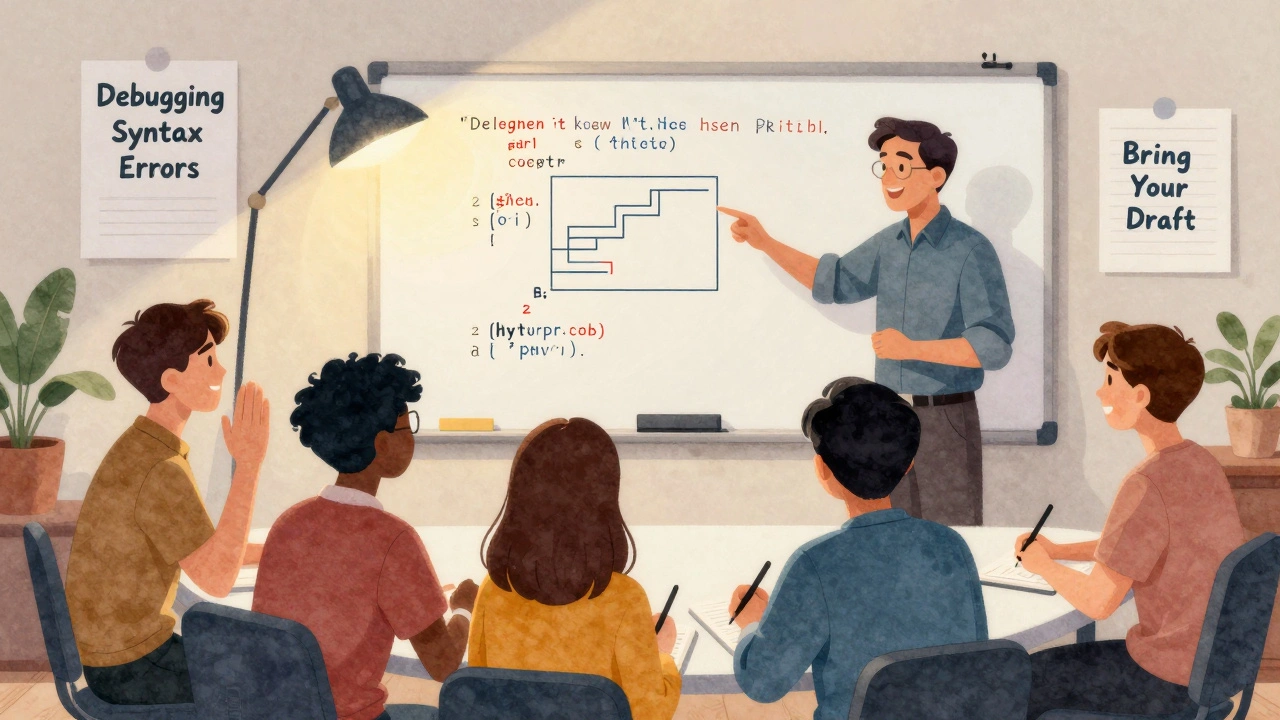 Students and professor working together at a whiteboard filled with Python code during a themed office hour.