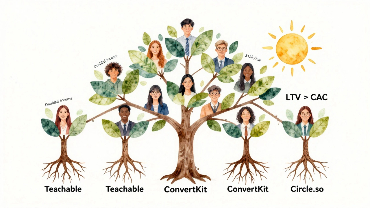Students forming a tree with testimonial leaves and platform roots under a success sun.