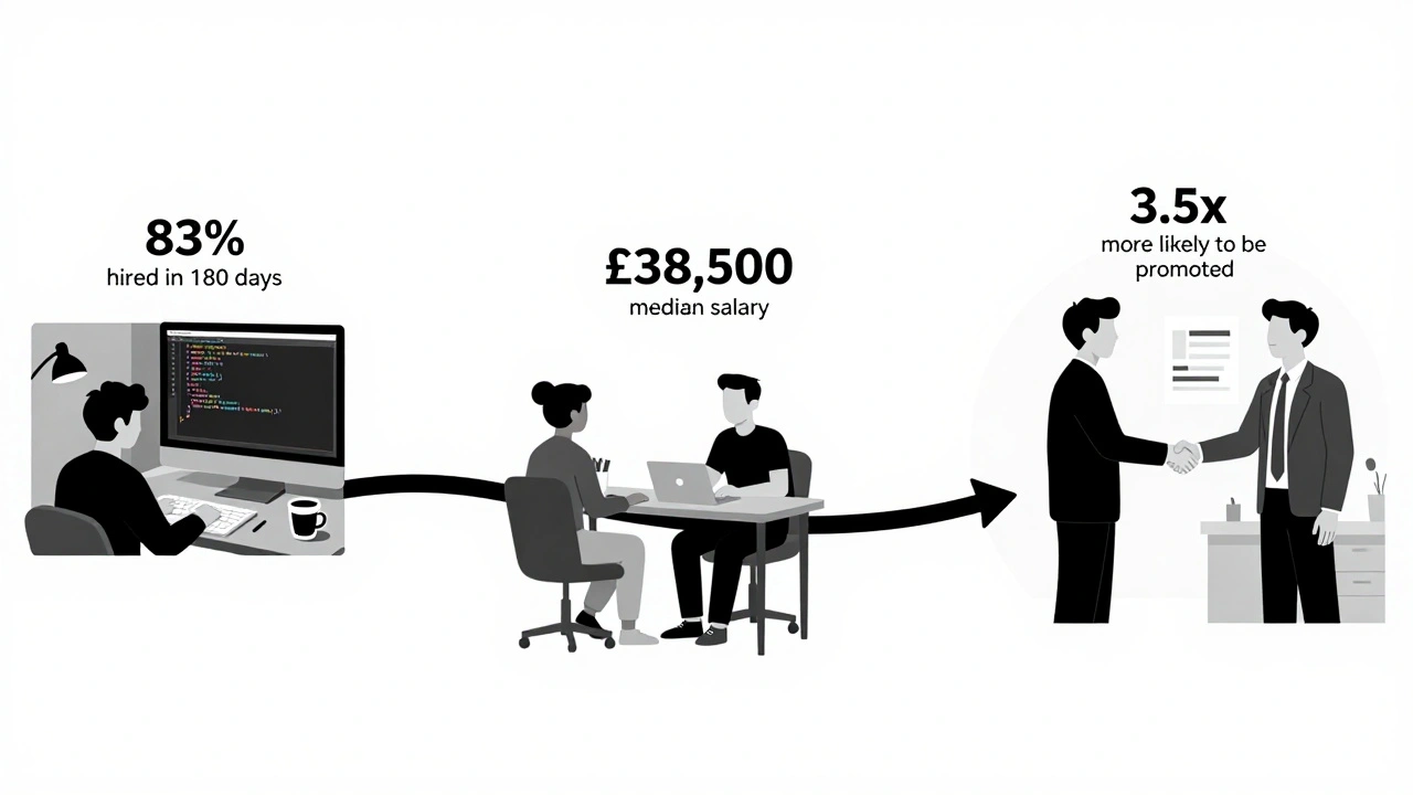 Timeline illustration showing a bootcamp graduate&#039;s journey from study to job offer with key stats.