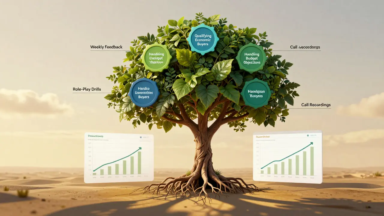 Tree with digital skill badges as leaves, roots connected to CRM data, symbolizing growth through coaching.