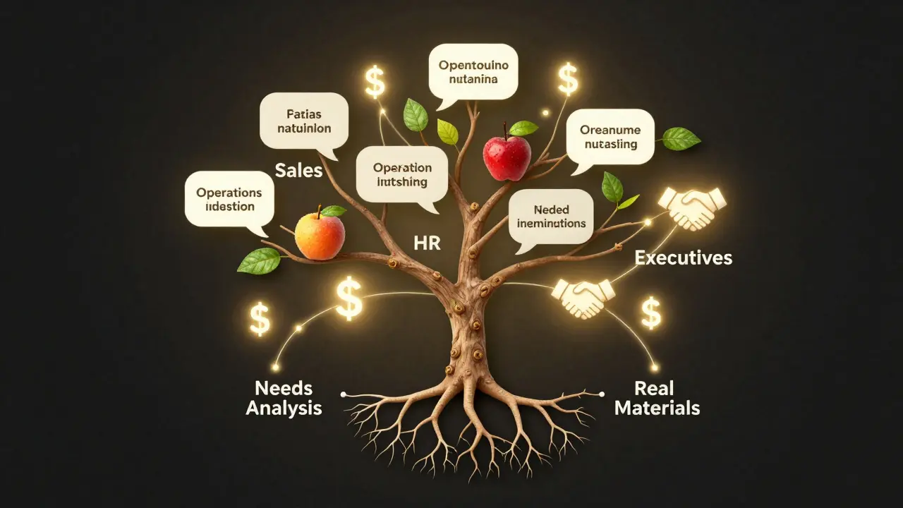 Tree with job-role branches bearing language phrases as fruit, connected to business outcomes like deals and handshakes.