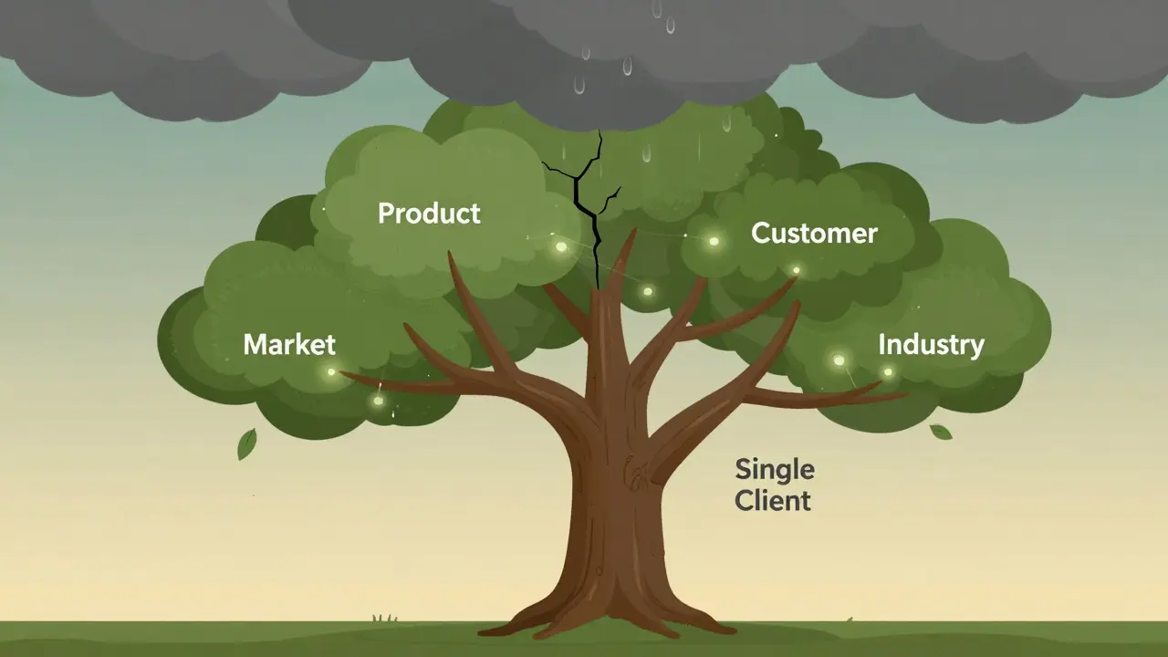 Tree with one cracking trunk and four strong branches representing types of business diversification.