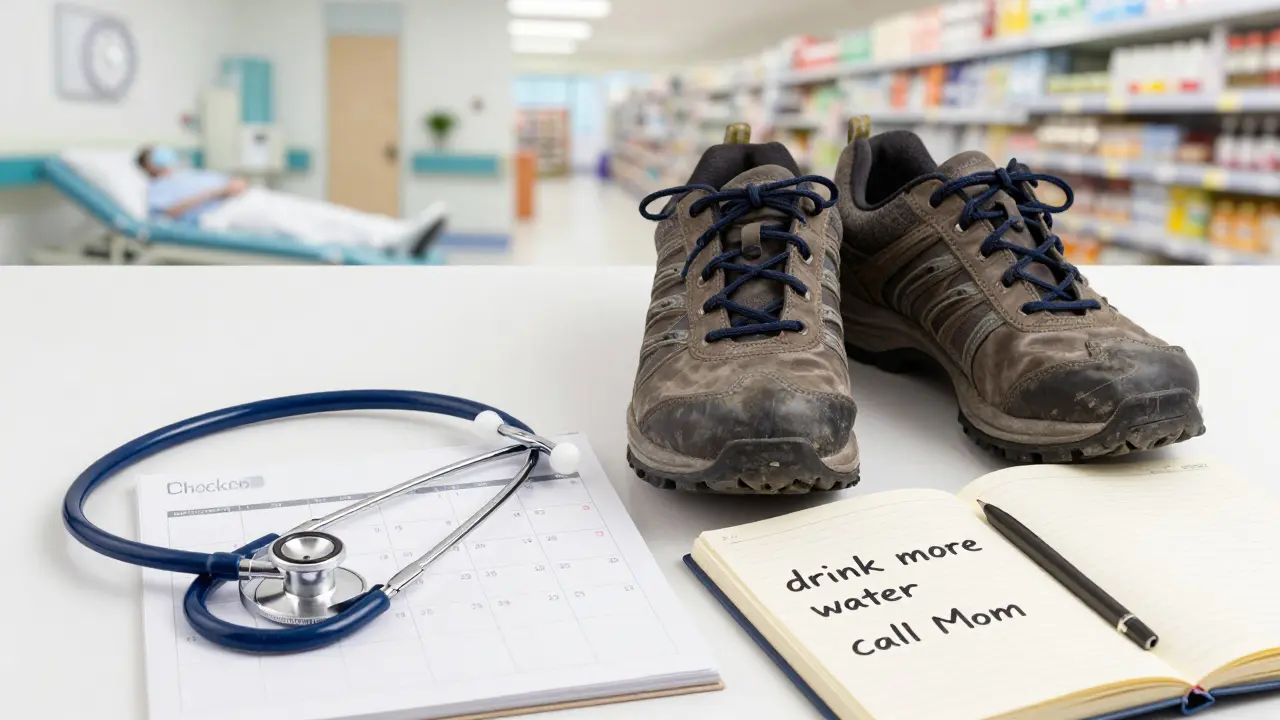 Walking shoes and stethoscope beside a notebook with personal health goals written out.