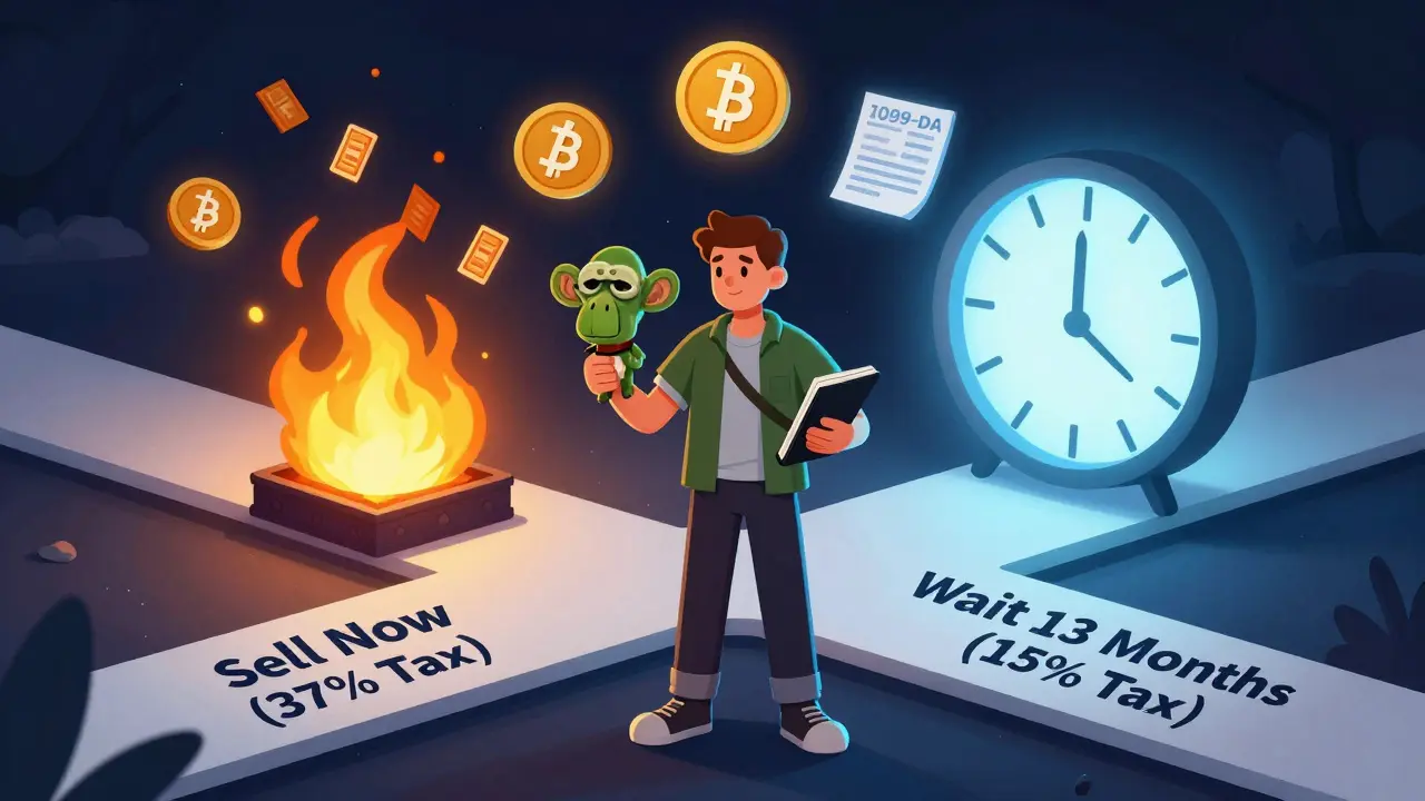 A digital artist at a crossroads, choosing between high and low tax paths for selling an NFT.