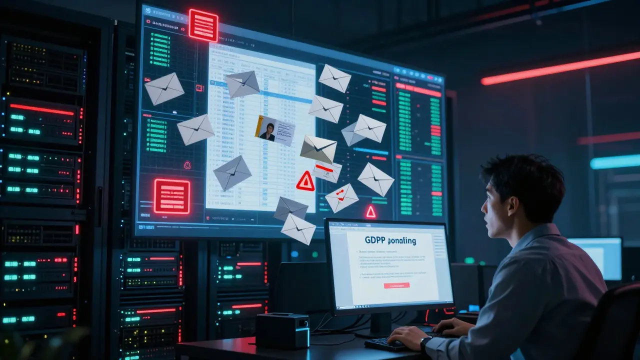 A digital data leak showing student grades spilling into another tenant's LMS dashboard with warning alerts.