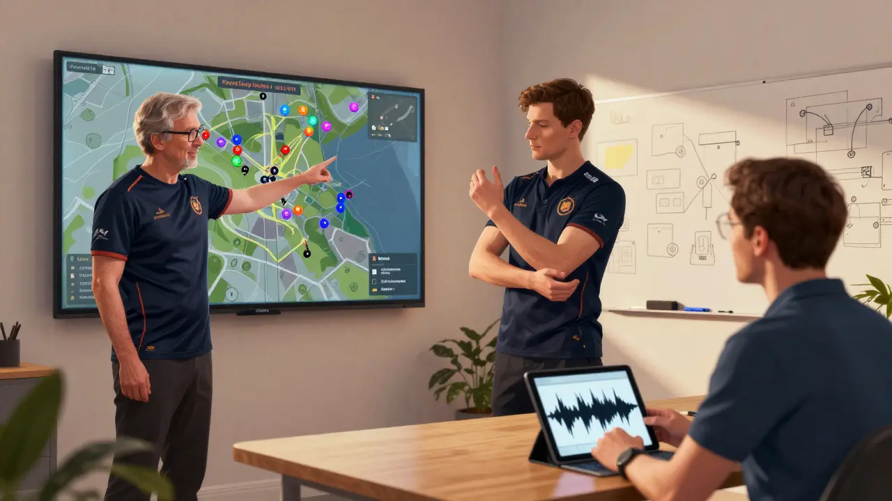 A diverse coaching team analyzes gameplay data with a player in a modern esports academy.