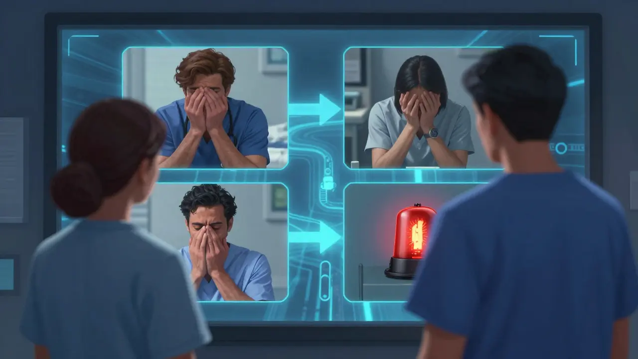 A healthcare worker making a critical decision in an interactive story-based training scenario.