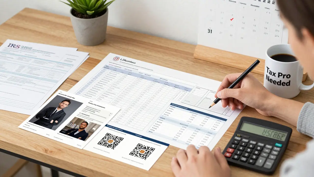A person organizing NFT records on a desk with spreadsheets, receipts, and timestamps.