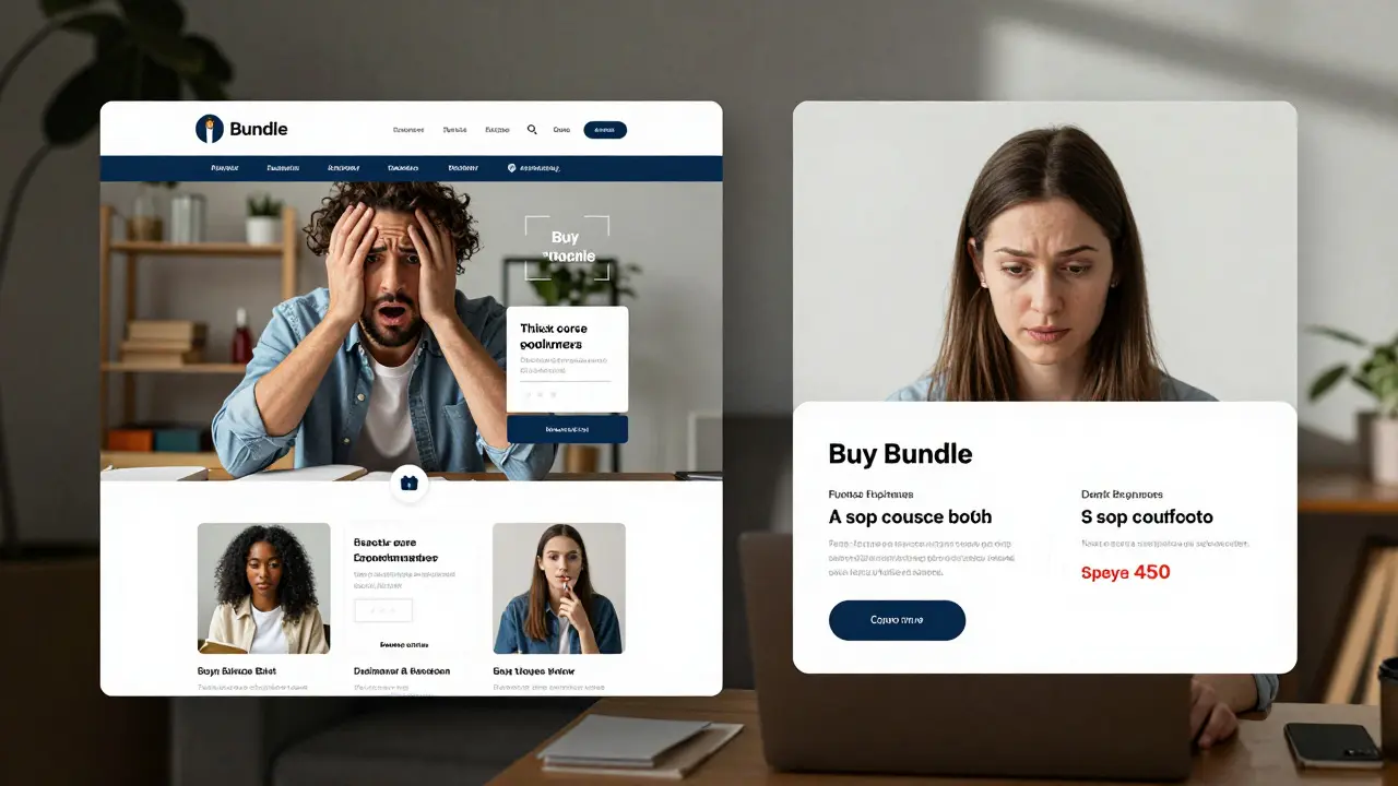 A split-screen showing overwhelming course choices versus a simple, clear bundle option.