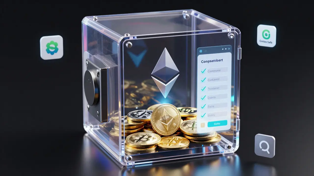 A transparent digital treasury with glowing signatures authorizing automated crypto payments.