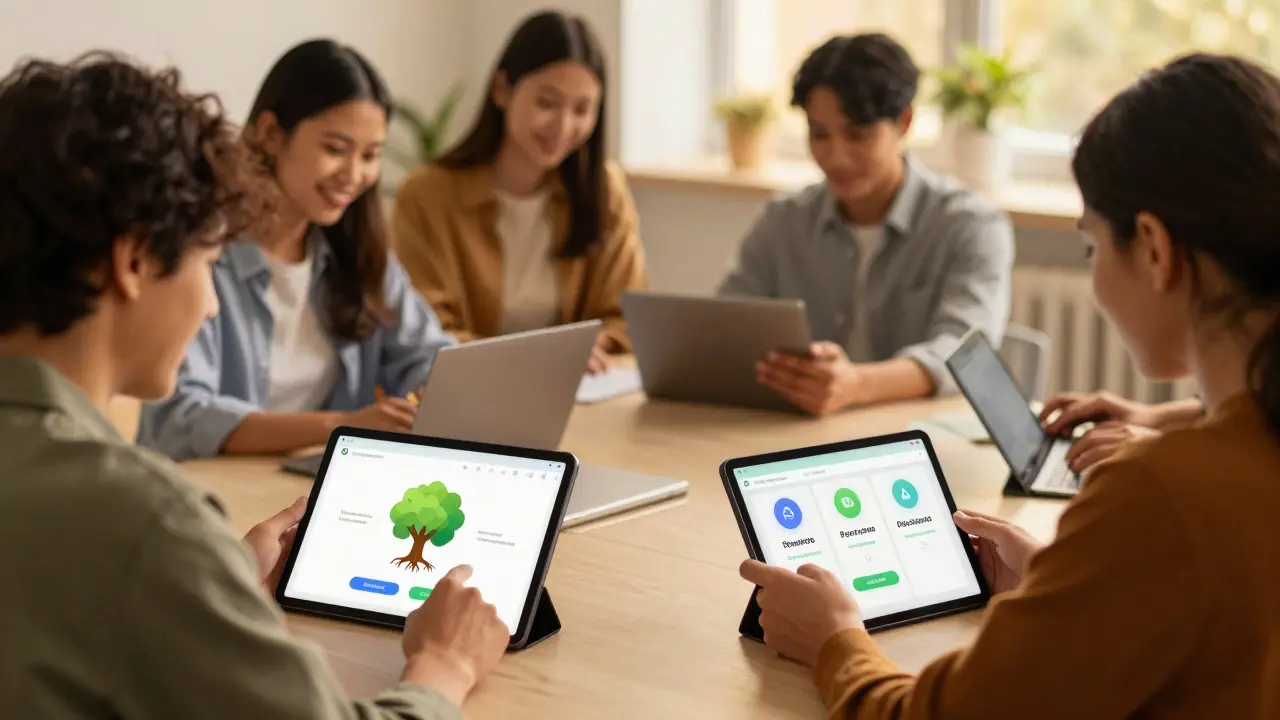 Adult learners using personalized dashboards with no leaderboards, choosing their own learning paths.