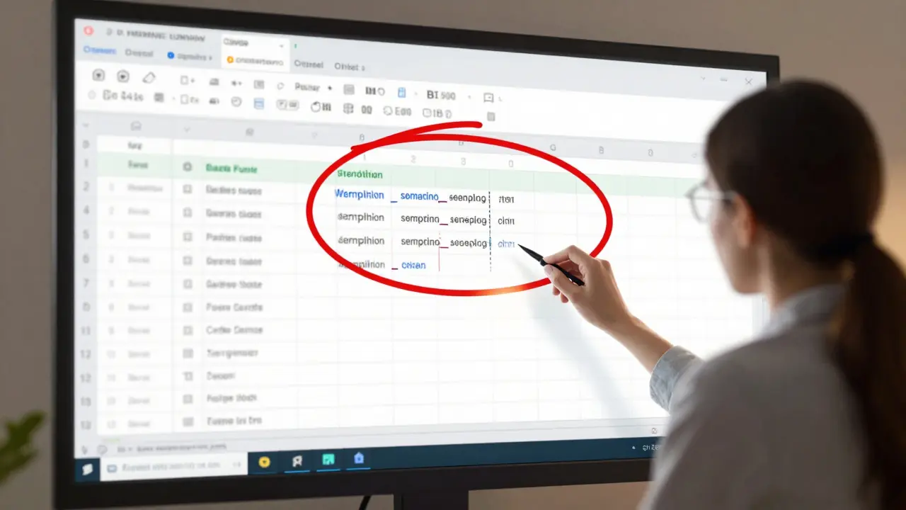 An instructor uses a red circle to highlight an Excel function on a shared screen during a virtual lesson.