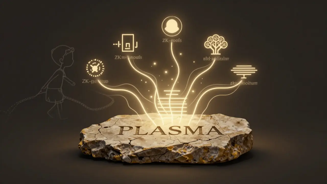 Ancient 'PLASMA' tablet being transformed by glowing light into modern zk-rollup and validium symbols.