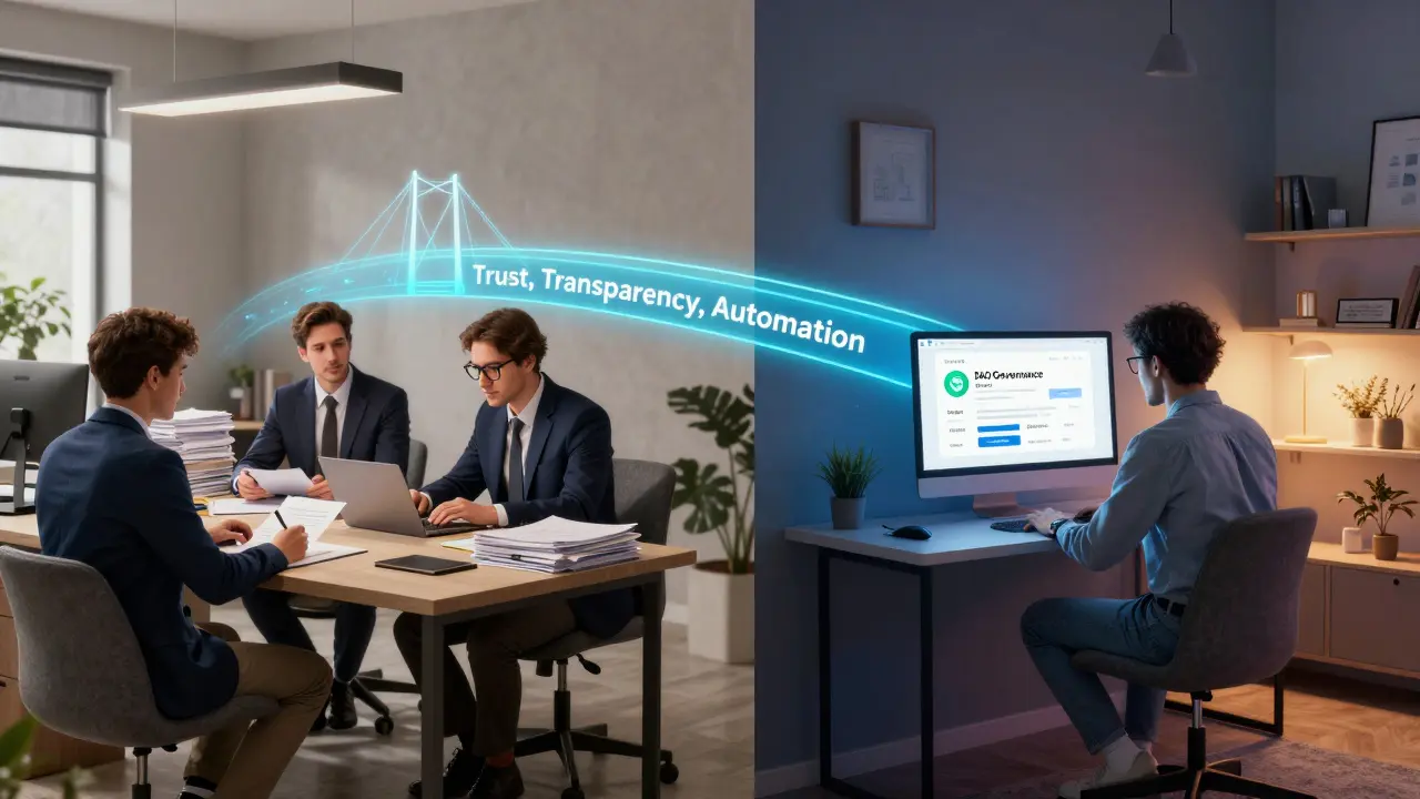 Contrast between traditional office work and a freelancer earning crypto through a DAO.