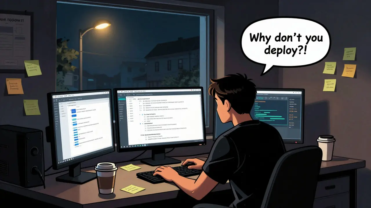Developer works late at night surrounded by error logs and Slack messages, under dramatic lighting.