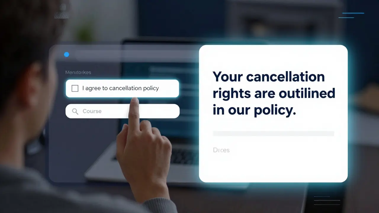 Digital registration screen showing a participant agreeing to a cancellation policy, with confirmation email visible.