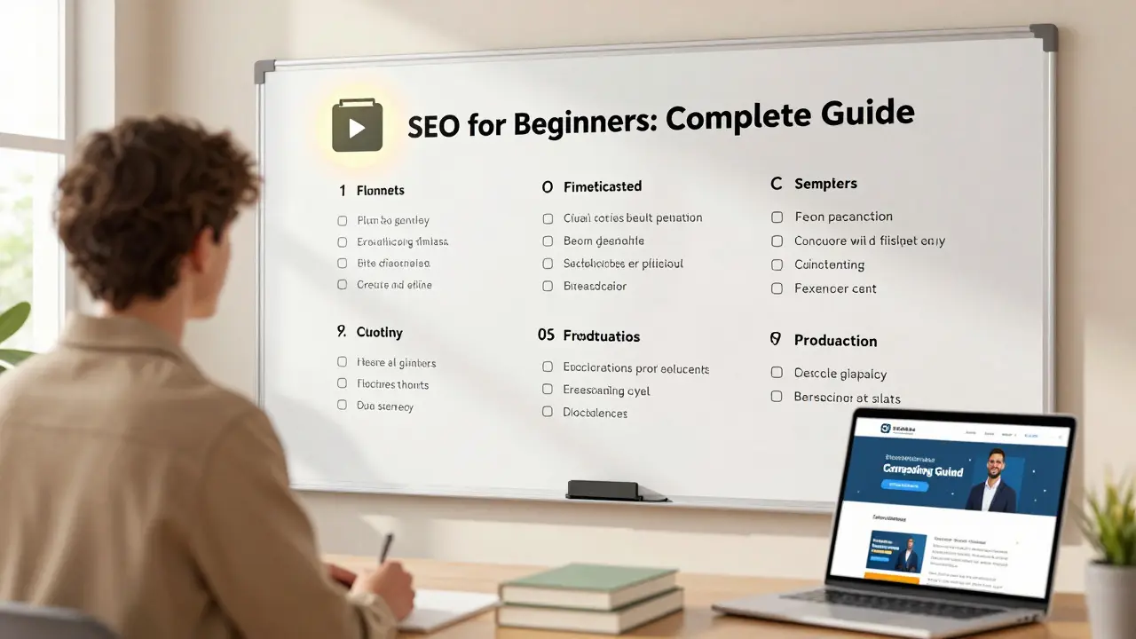 Educator standing before a whiteboard with structured lesson plan titled 'SEO for Beginners'.