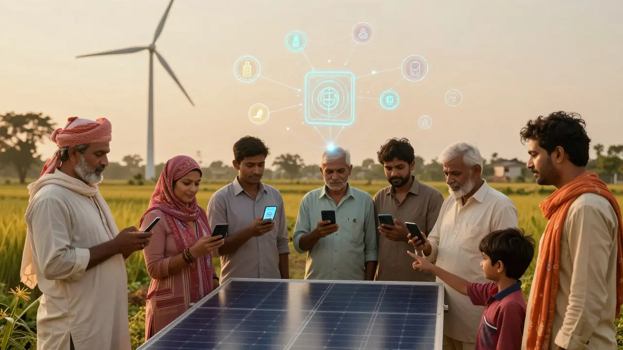 Farmers in India trading solar energy using blockchain, with real-time emissions data visible in the air.