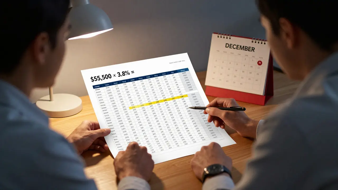 Financial planner and investor reviewing crypto tax spreadsheet with highlighted NIIT calculation.