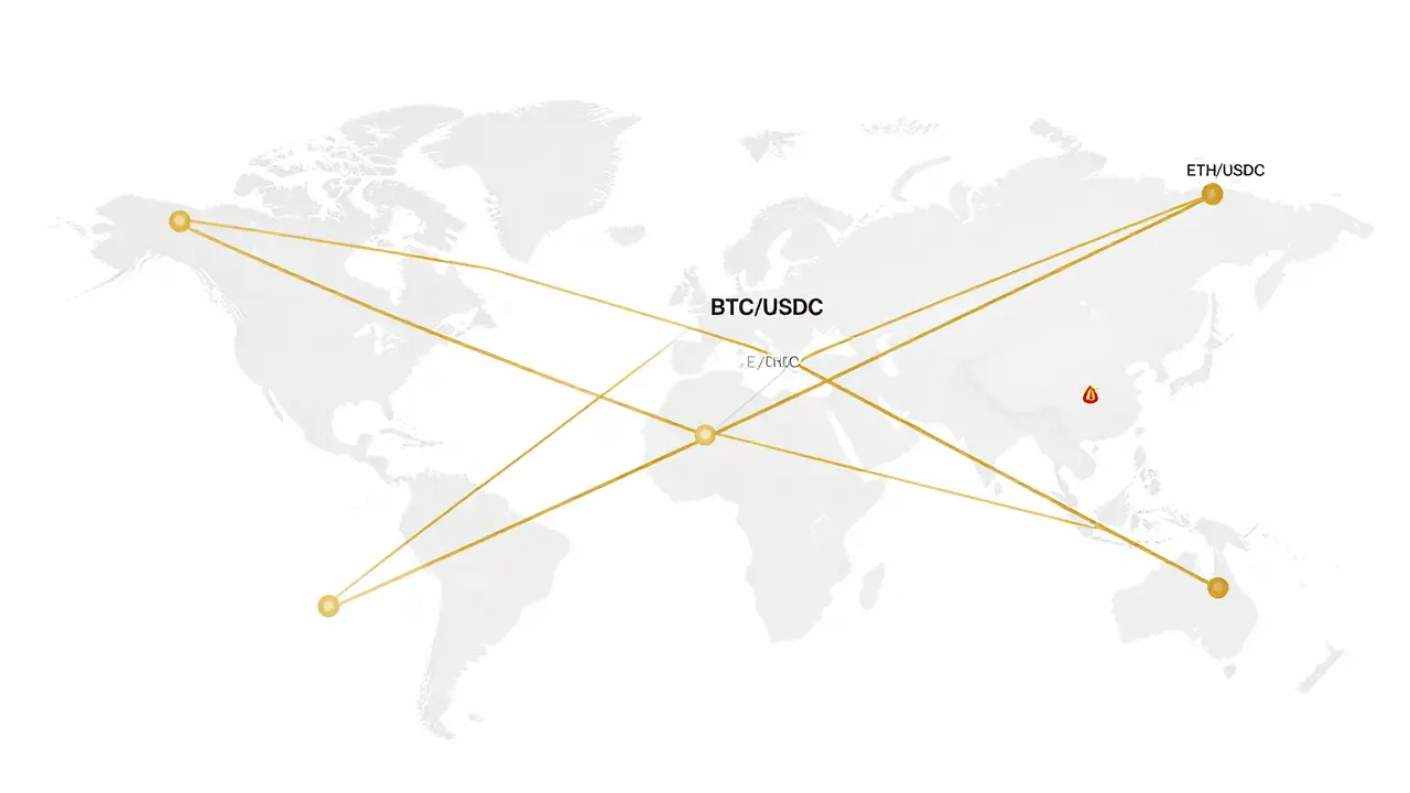 Global crypto network with dominant stablecoin pairs in gold, fiat pairs fading, warning icon on Tether.