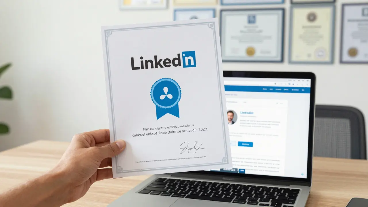 Hand holding certificate next to laptop showing verified LinkedIn badge.