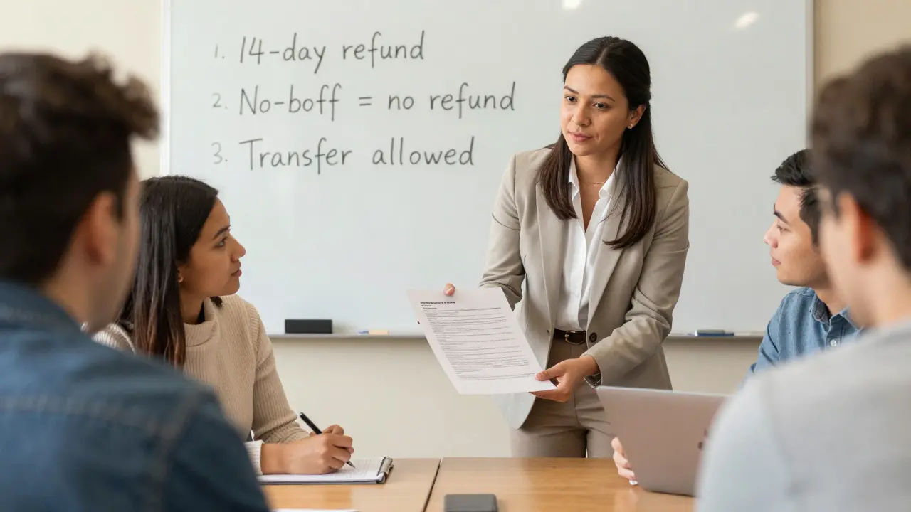 Instructor handing a cancellation policy sheet to a participant at the start of a workshop, group nearby.