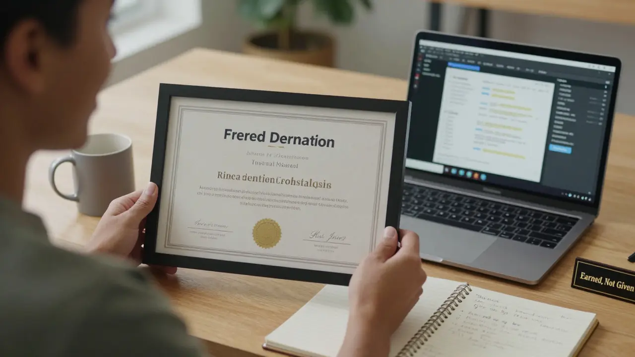 Learner displaying certificate beside a dashboard they built, framed on wall.