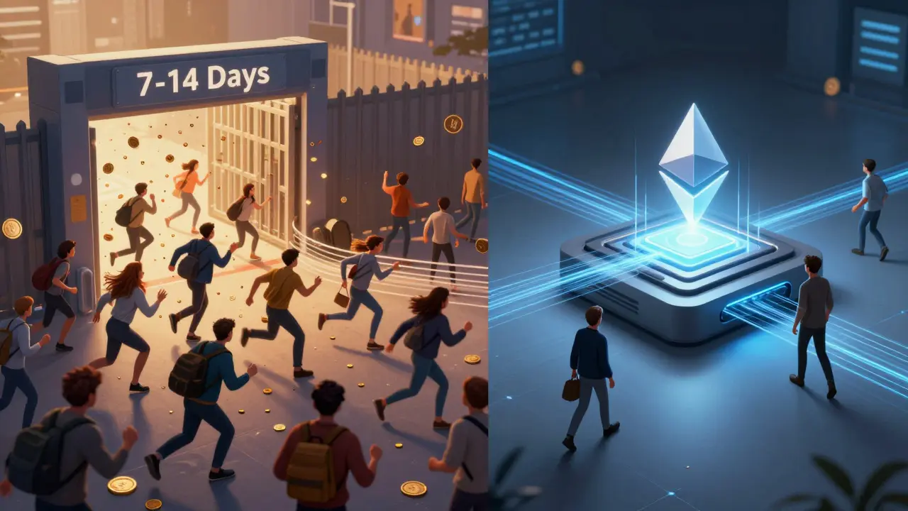 Left: users struggling with slow withdrawals; right: seamless rollup system with data flowing into Ethereum core.