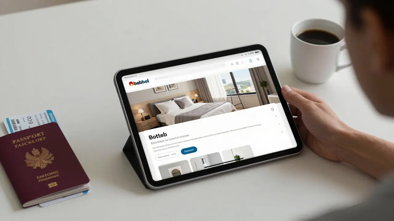 Person learning with Babbel, travel items nearby, morning light.